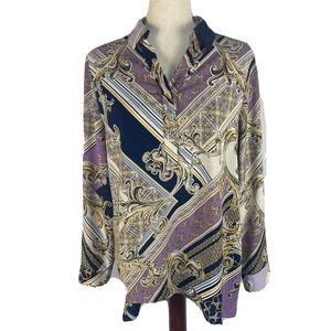 Chicos Blouse Tunic Womens 1 Medium Purple Blue Gold Printed Crisscross Paisley